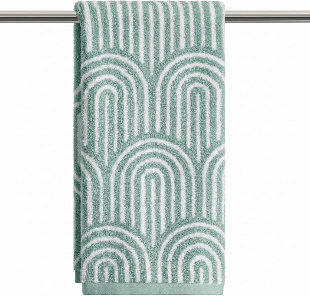 Artoid Mode 2 Pcs Beige Green Arched Stripes Jacquard Hand Towels for Bathroom, 100% Cotton Soft Absorbent Bathroom Decor Towels, 13.7 x 29.5 Inch