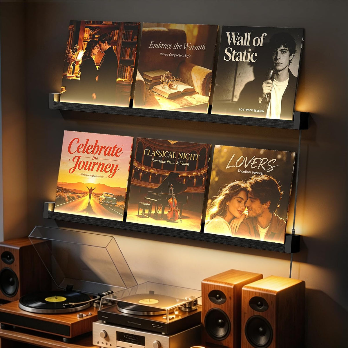 Vinyl Record Shelf Wall Mount with LED Lights