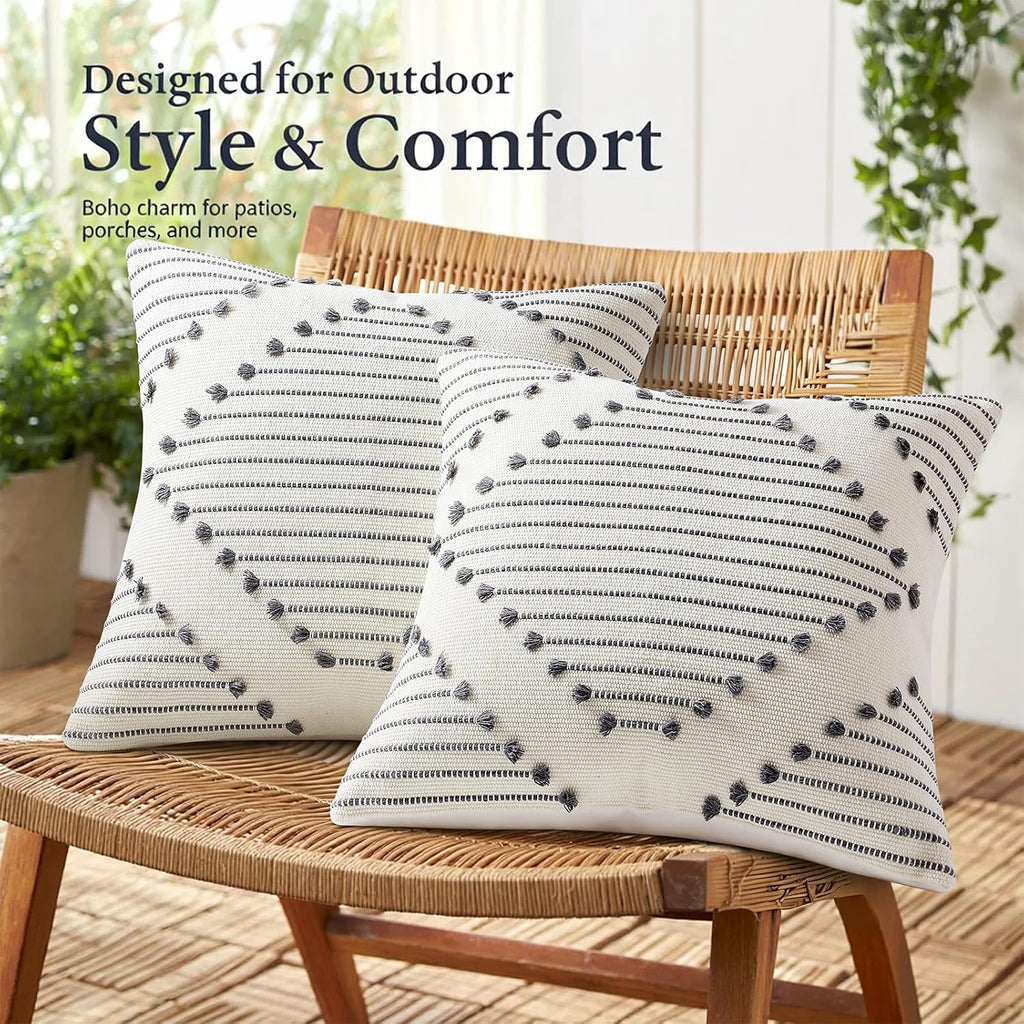 Mecatny Boho Outdoor Throw Pillow Covers 18x18 Set of 2 Grey & Cream White