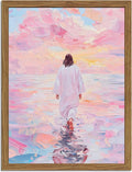 Pink Jesus Walking On Water Wall Art, Frame 3D Textured Hand Drawn Sandstone Christian Wall Decor Paintings Religious Savior Pictures for Living Prayer Room Bedroom, 12x16 in Wood Framed