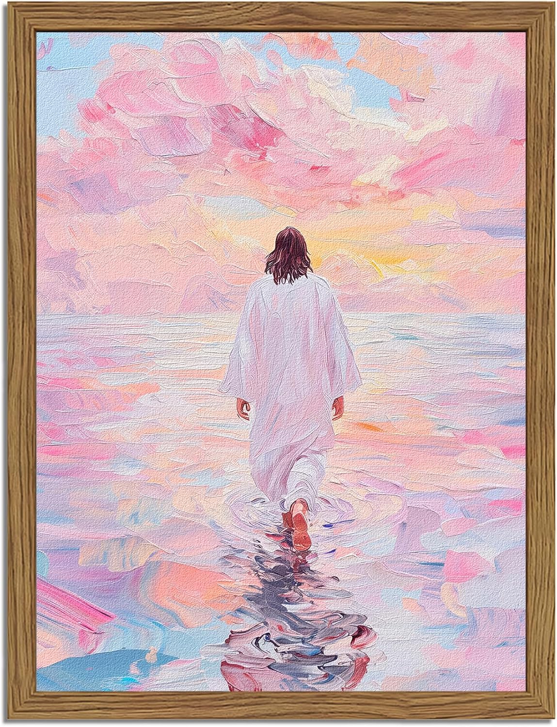 Pink Jesus Walking On Water Wall Art, Frame 3D Textured Hand Drawn Sandstone Christian Wall Decor Paintings Religious Savior Pictures for Living Prayer Room Bedroom, 12x16 in Wood Framed