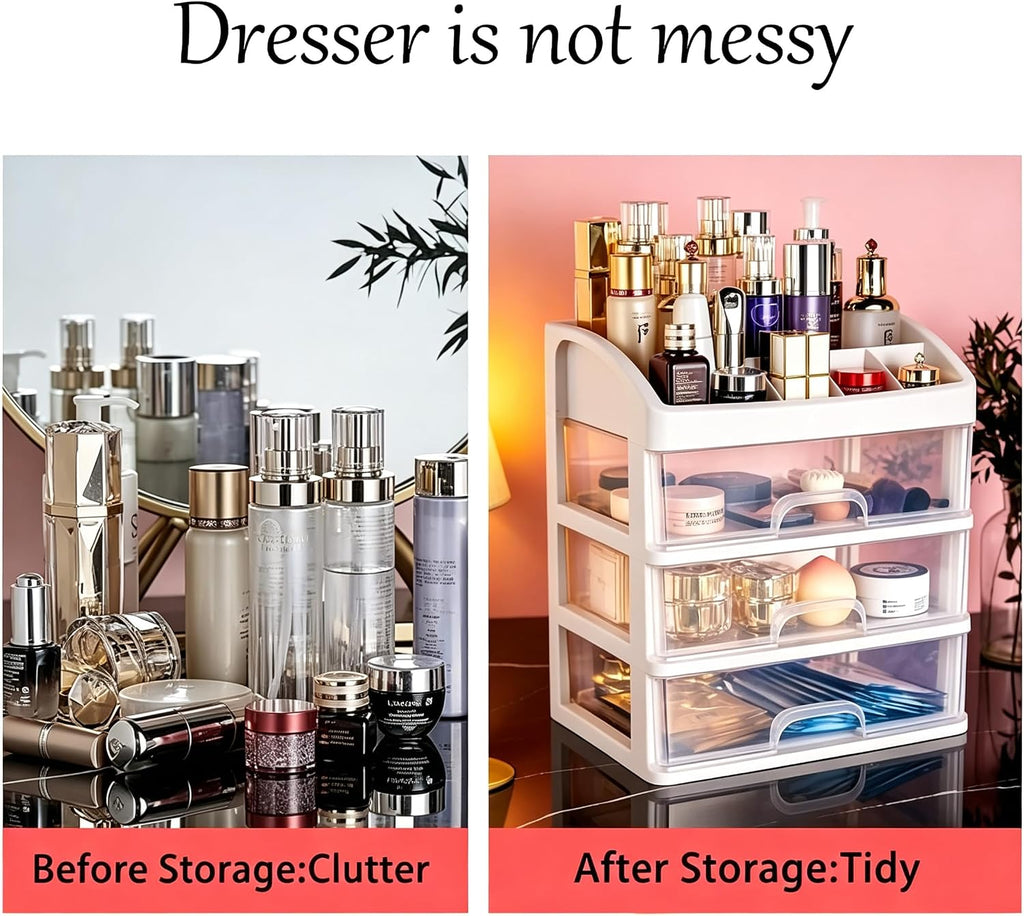 Makeup Organizer with 3 Drawers Plastic Storage for Vanity Cosmetic Display Cases Large Capacity Bathroom Countertop Plastic Storage for Skin Care Products(Arc Type)