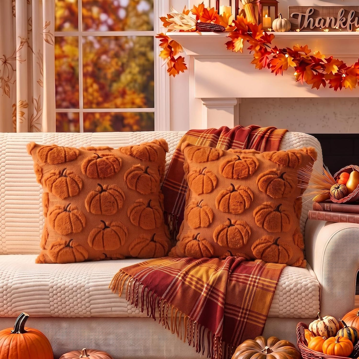 Fall Pillow Covers Pumpkin Fall Decor 18x18 Set of 2 Caramel