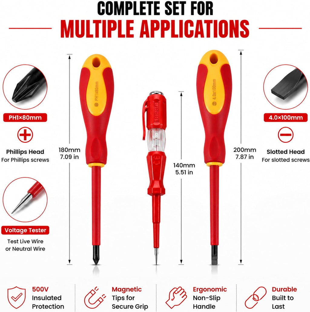 Insulated Screwdriver Set, Electrician Screwdriver Set with Voltage Tester Pen, Forged Chrome Vanadium Steel Electrical Screwdriver for Breaker Panel, Outlet, Switch & Home Electrical Repair（3pcs）
