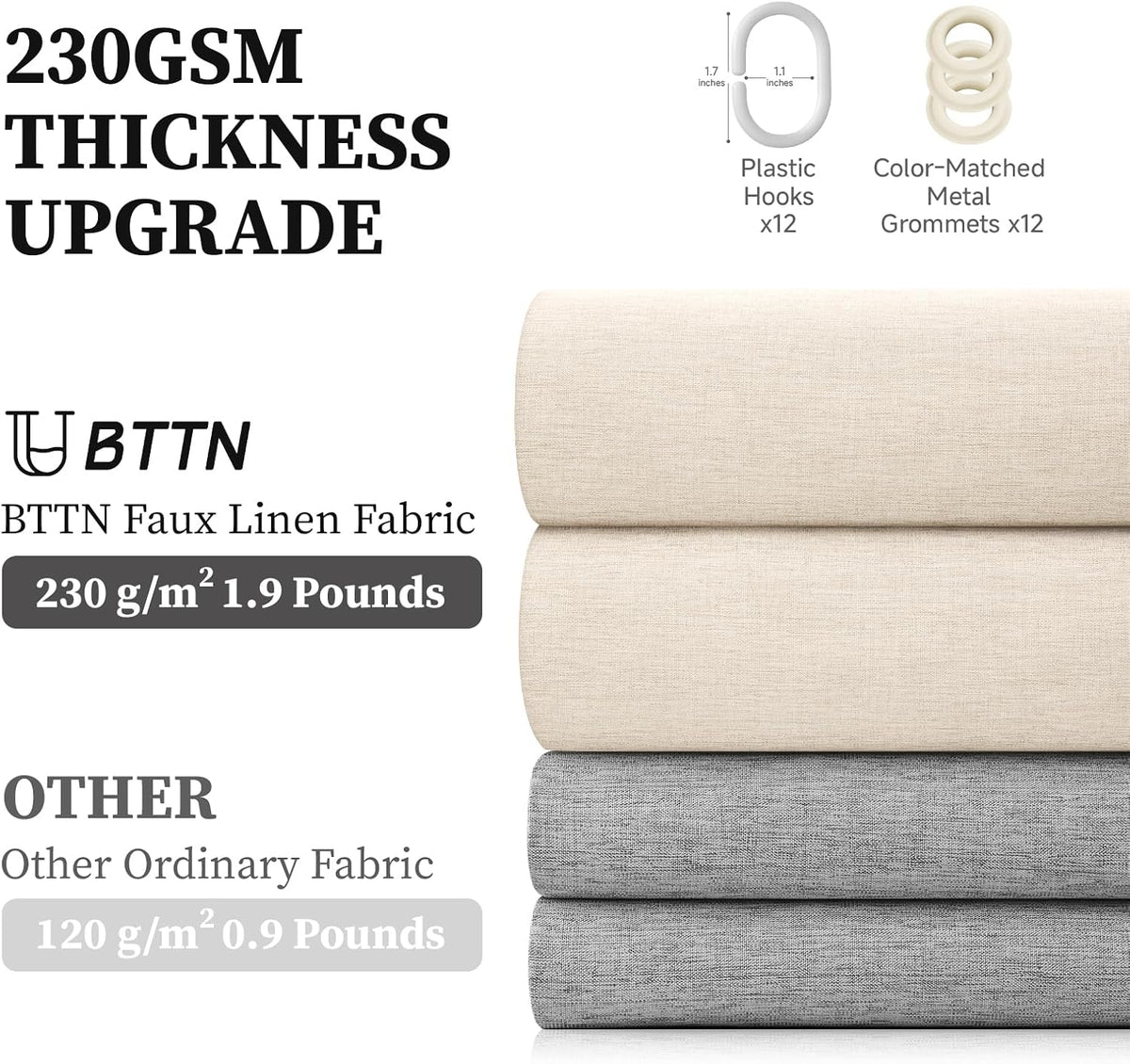 Beige Linen Textured Waterproof Cloth Shower Curtain Set, 72x72, Cream