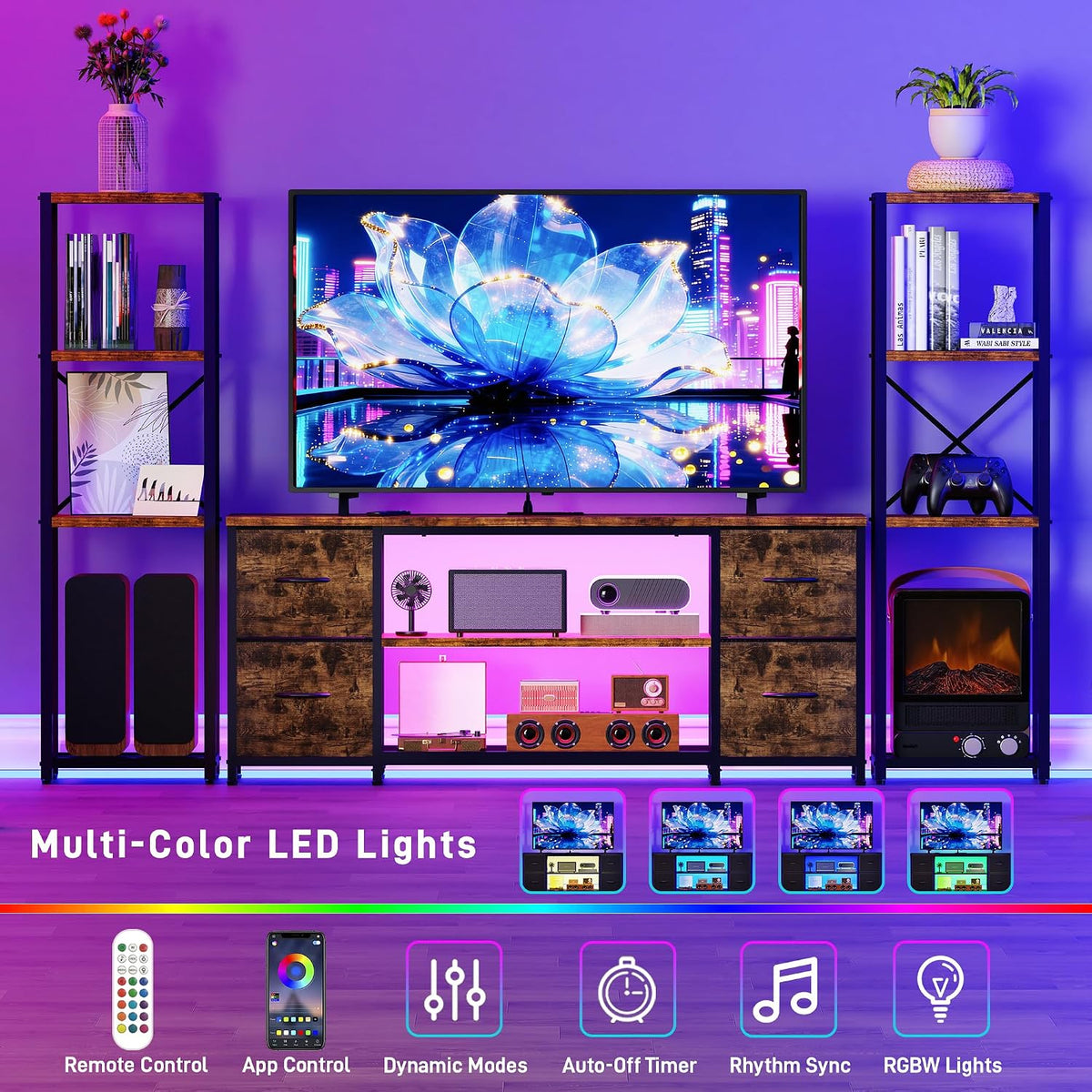 LED TV Stand Entertainment Center Bookshelf Combo with Charging Station