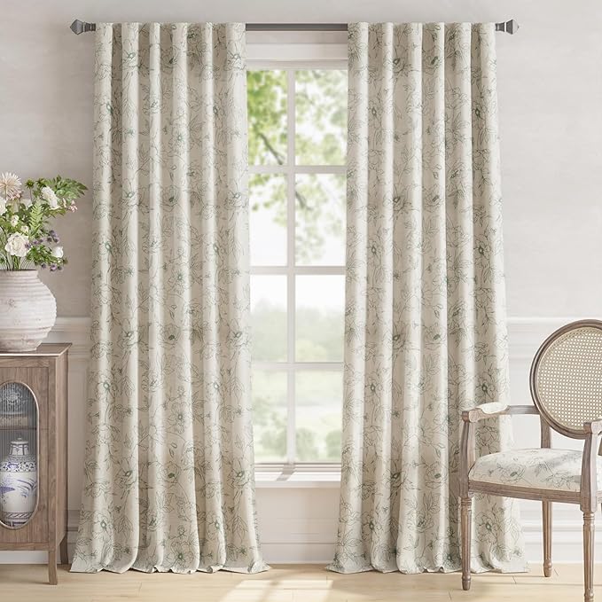 jinchan Floral Linen Curtains for Living Room 96 Inch Length Green Flower - Image 2
