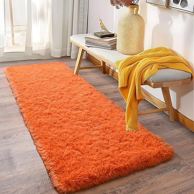 Soft Runner Rugs for Bedroom Hallways, 2x6 Orange Fluffy Shag Throw Area Rug - Image 3