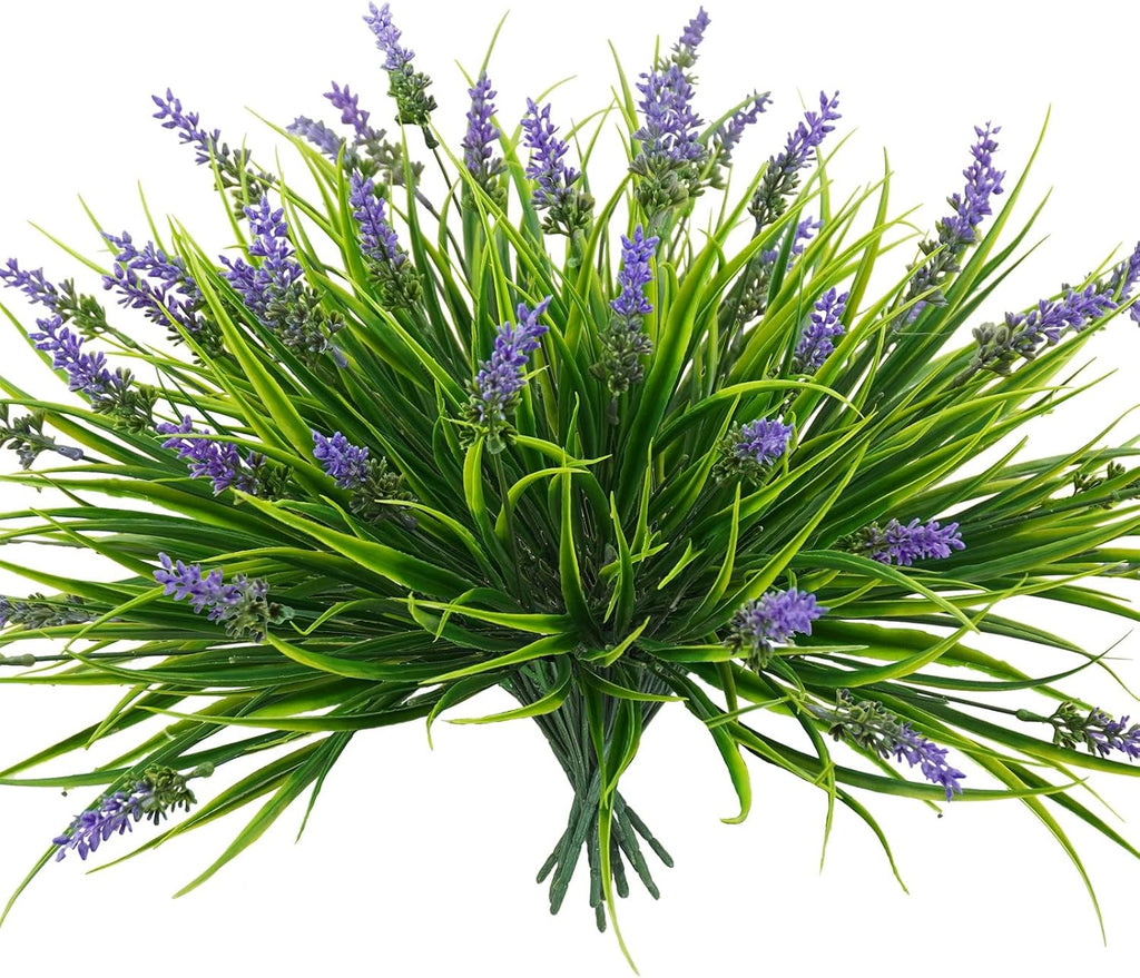 obbsie 12 Bundles Artificial Plants Outdoor, 18.2" UV Resistant Faux Monkey Grass Greenery Stems No Fade Faux Plastic Flowers Shrubs for Home Weddings Garden Porch Front Patio Office Decor - Purple