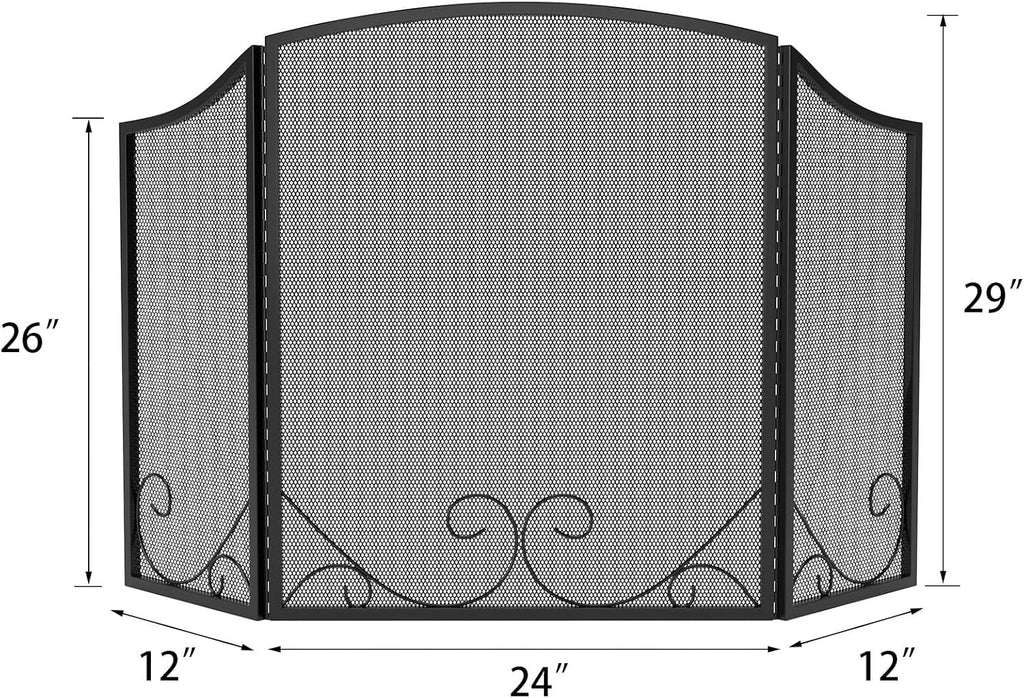 Lizh Metalwork 3-Panel Black Wrought Iron Fireplace Screen,48"(L) x 29"(H) Spark Guard with Scrolling Design,Decorative Hearth Screen