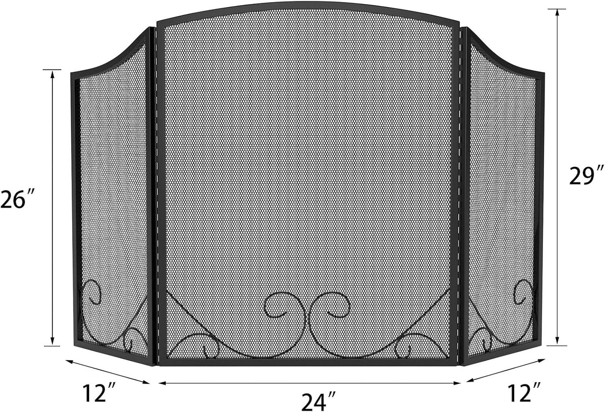 Lizh Metalwork 3-Panel Black Wrought Iron Fireplace Screen,48"(L) x 29"(H) Spark Guard with Scrolling Design,Decorative Hearth Screen