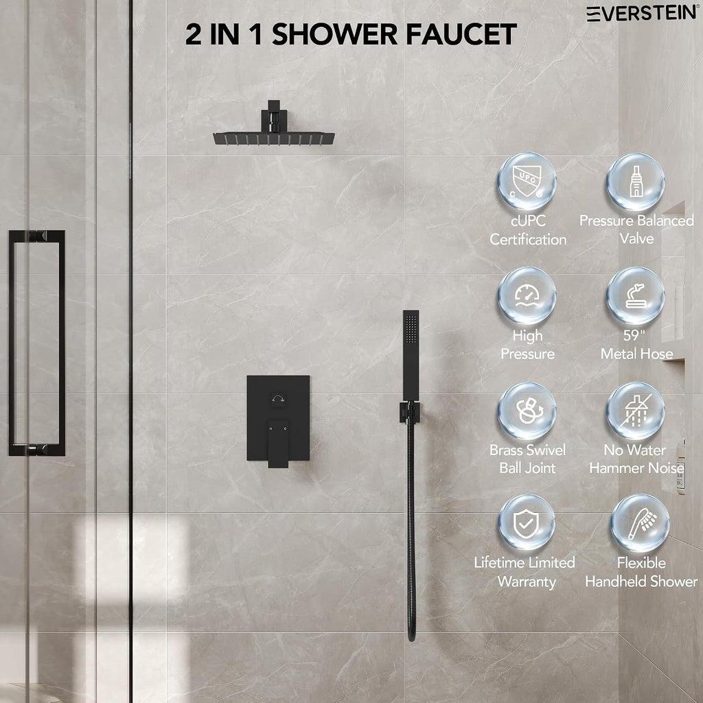 10 Inch High Pressure Rainfall Shower System with Handheld Spray, Wall Mount Bathroom Shower Faucet Set with Valve (Matte Black)