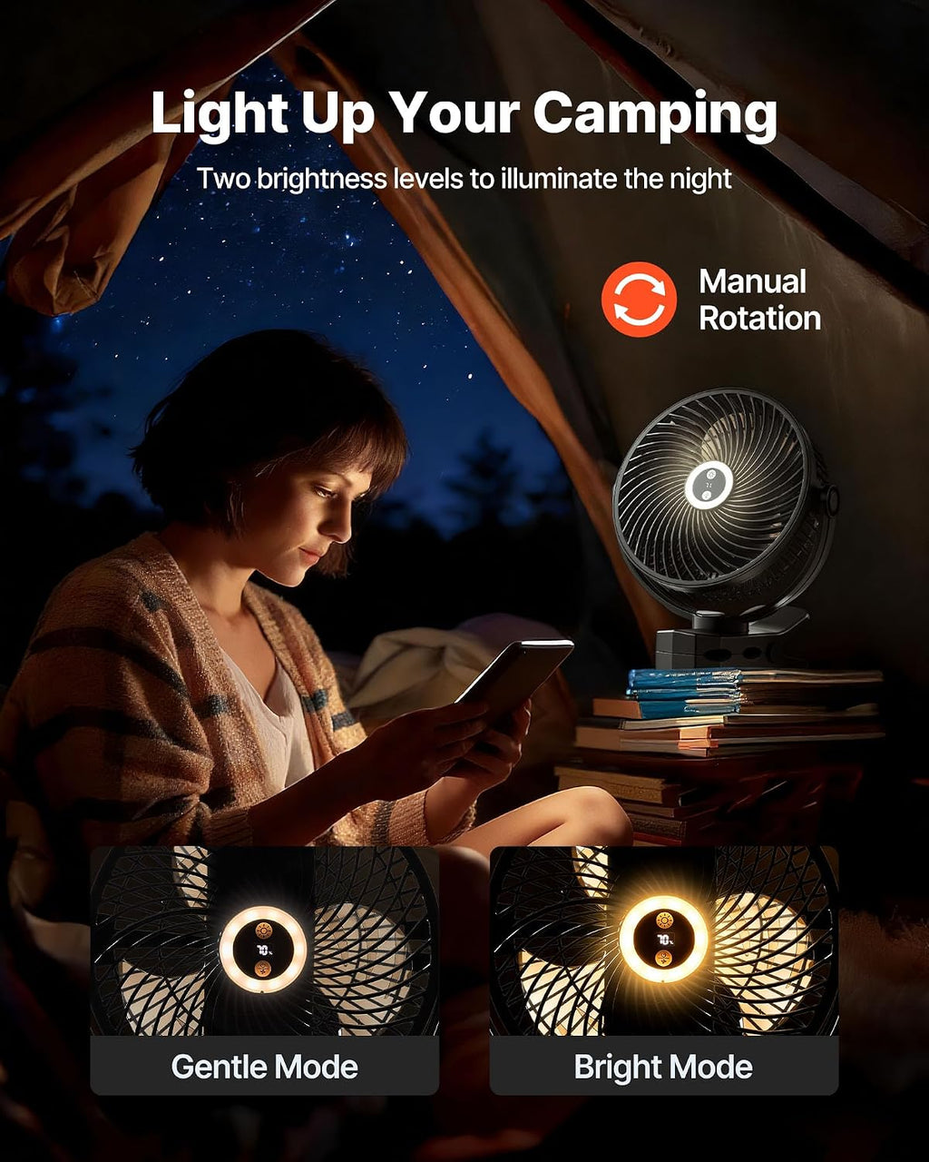 VEVOR Portable Clip Fan, Rechargeable Clip On Fan with Light, USB Port with 3 Speeds & Circulation Mode, Strong Airflow Sturdy Clamp, Long Runtime for Desk, Golf Cart,Outdoor Camping Treadmill,Black