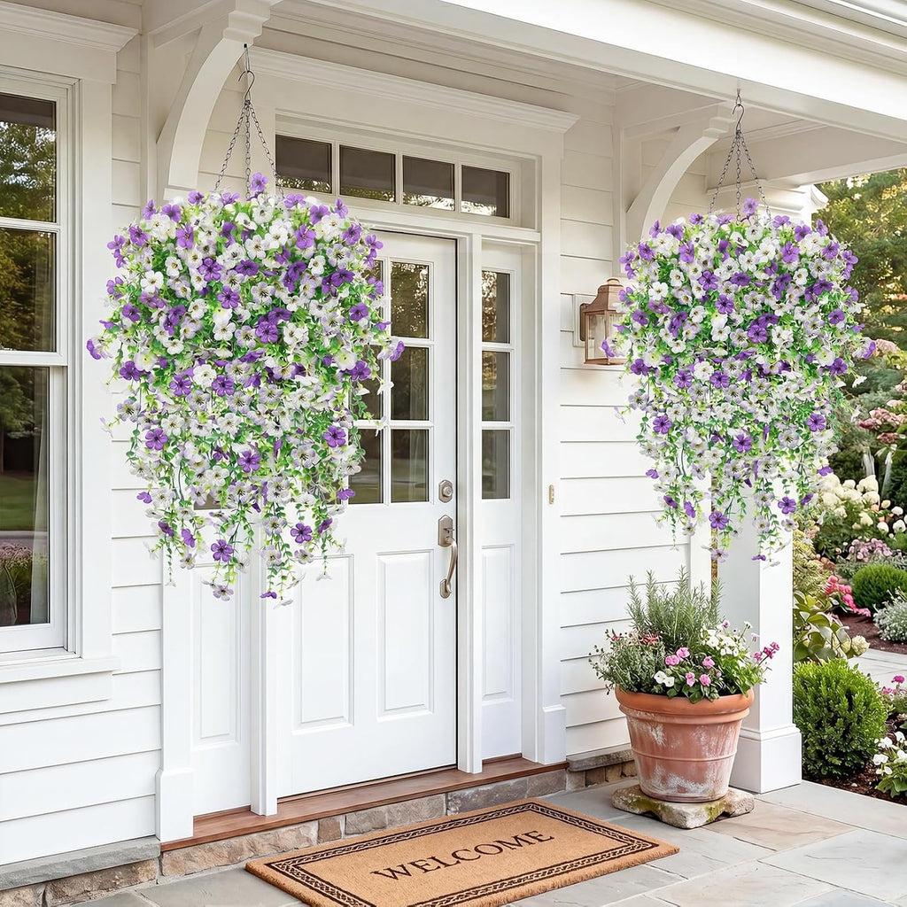 Artificial Flowers for Outdoors,8PCS Hanging Outdoor Faux Plants,UV Resistant Fake Flowers for Outdoor Planters,Realistic Fake Plants Spring Decor for Porch,Patio,Yard (PurpleWhite)