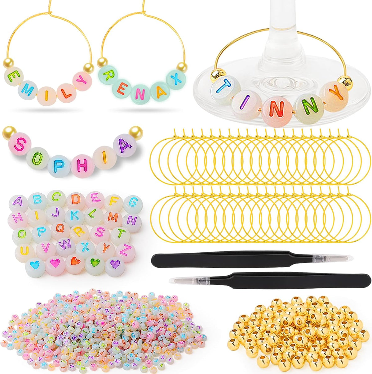 TMKEFFC DIY Wine Glass Charms Kit, 60 Sets Drink Markers with Letter Beads