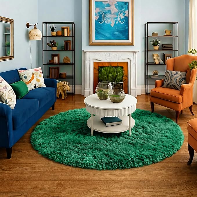 Amdrebio Dark Green Fluffy Round Rugs 5Ft - Image 5