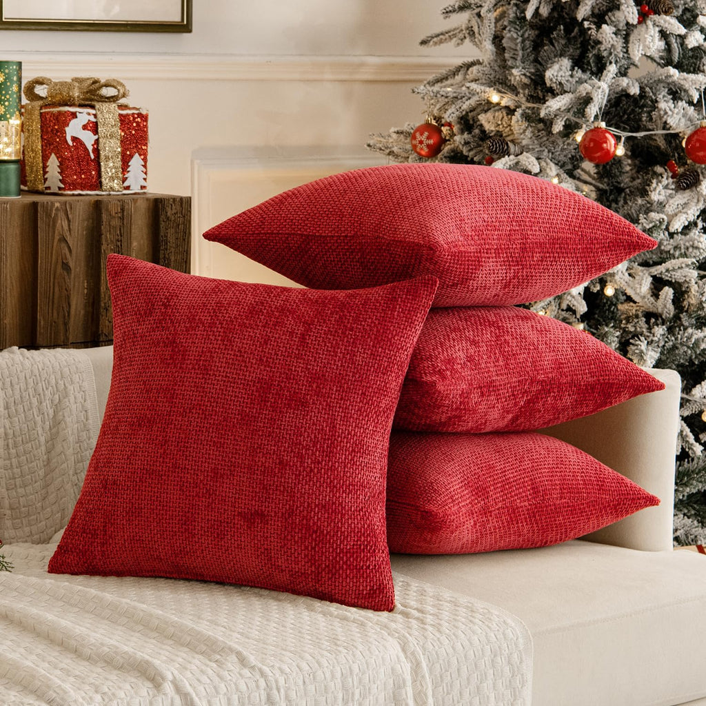 MIULEE Decorative Chenille Pillow Covers Christmas Red 18x18 Pack of 4