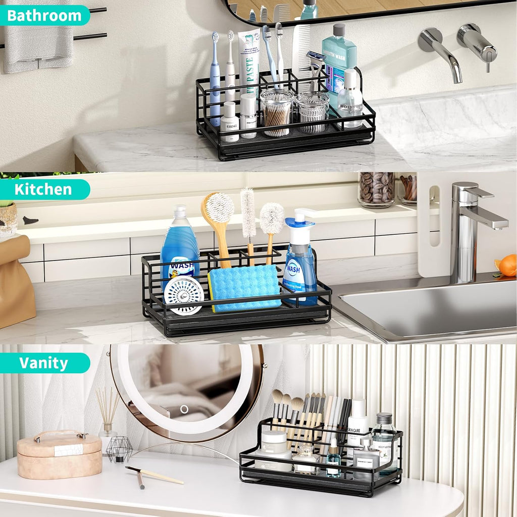 HapiRm Toothbrush Holders for Bathroom - 5 Partitions Bathroom Counter Organizer with Instant Drying Stone, Stainless Steel Countertop Storage Electric Toothbrush Toothpaste Holder - Black