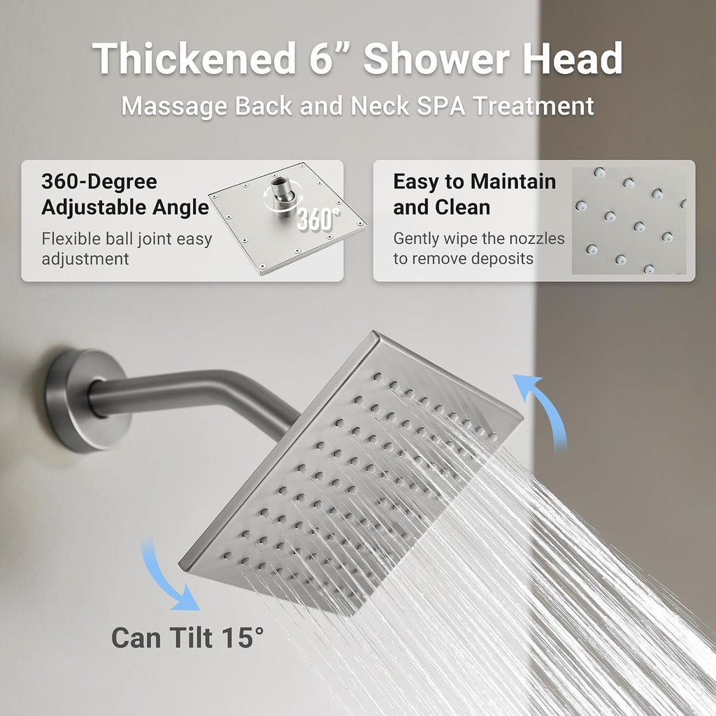 Dasan Brushed Nickel Dual Shower Heads System with Ceiling 12-Inch Rainfall Shower & Wall Mount 6-Inch High Pressure Shower Head, Full Body Dual Shower Head Set