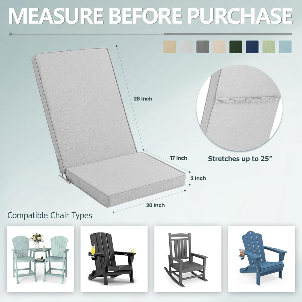 Adirondack Chair Cushion - Removable Cover, Water-Repellent & Fade-Resistant Faux Linen, Securing Straps, Non-Slip Bottom, Fit for Most Outdoor Adirondack & Rocking Chairs - Light Grey