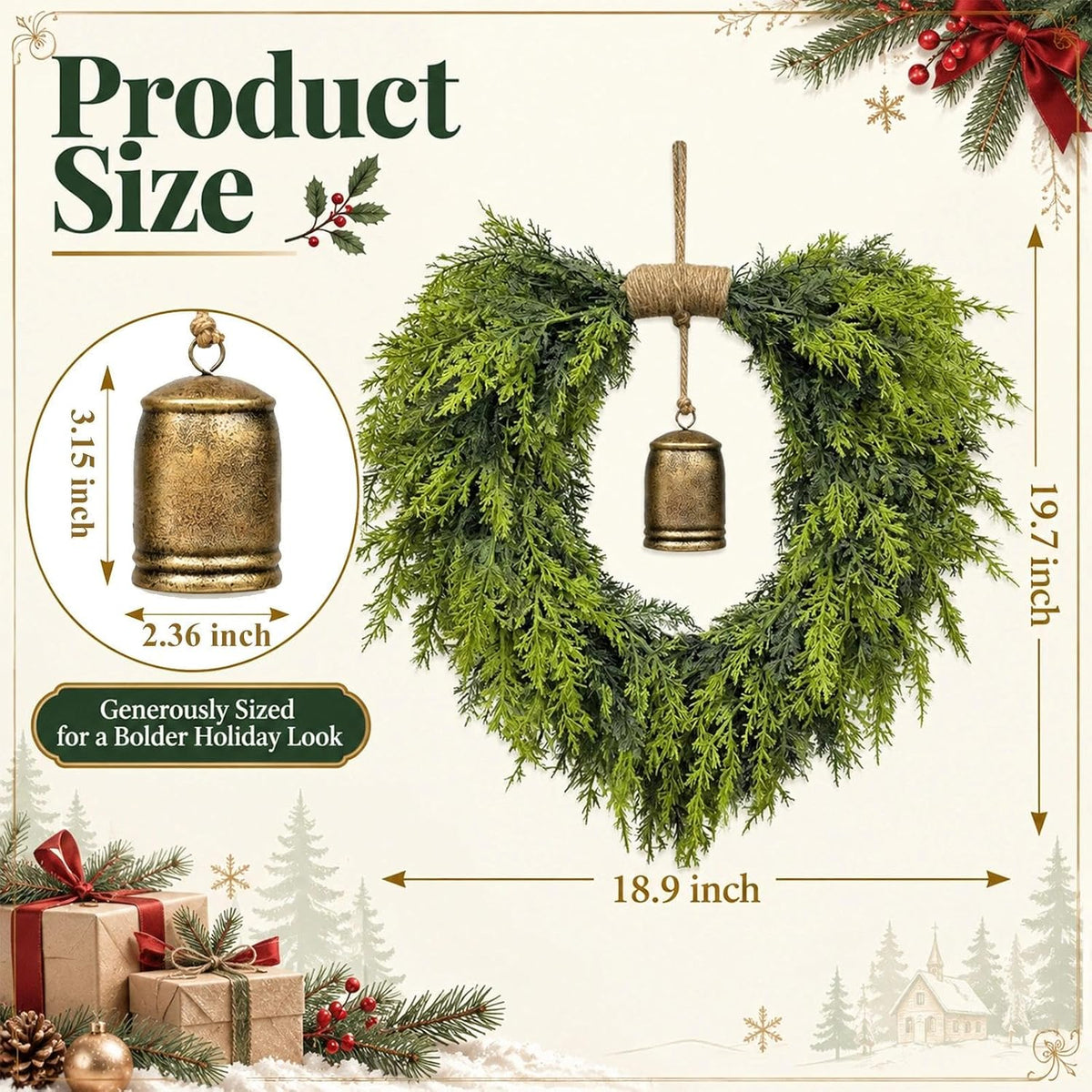 Heart Shaped Christmas Wreath for Front Door, Artificial Norfolk Pine and Cedar Greenery with Rustic Jute Rope and Vintage-Style Bell, Indoor and Outdoor Holiday Decor