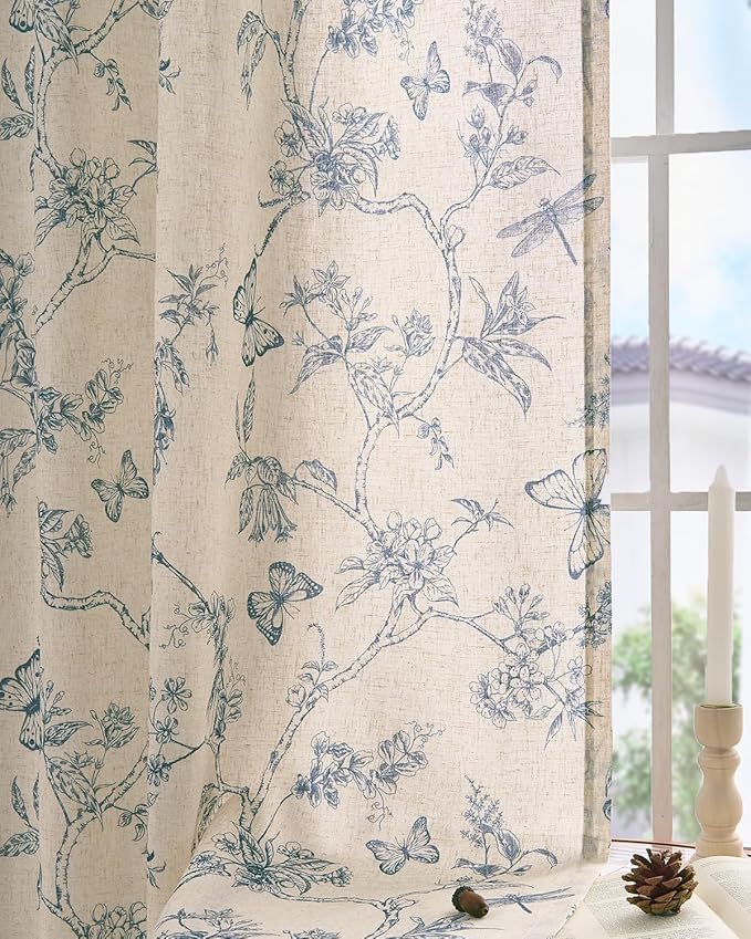 jinchan Floral Linen Curtains for Living Room 84 Inch Length Butterfly Curtain - Image 9