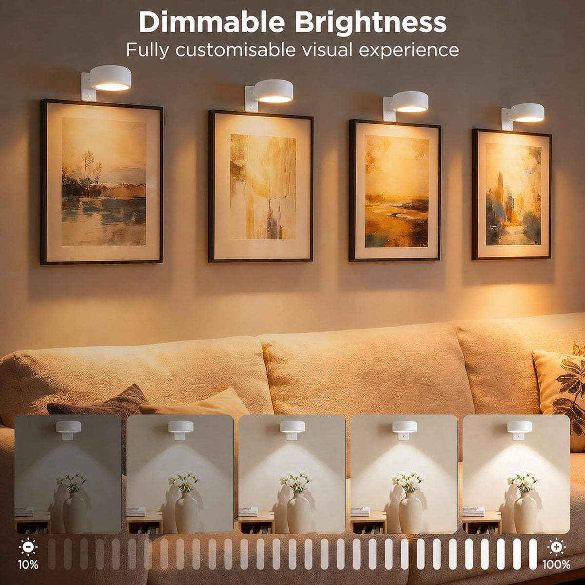 4-Pack Picture Lights for Wall, Rechargeable Wireless Poster Lights, White