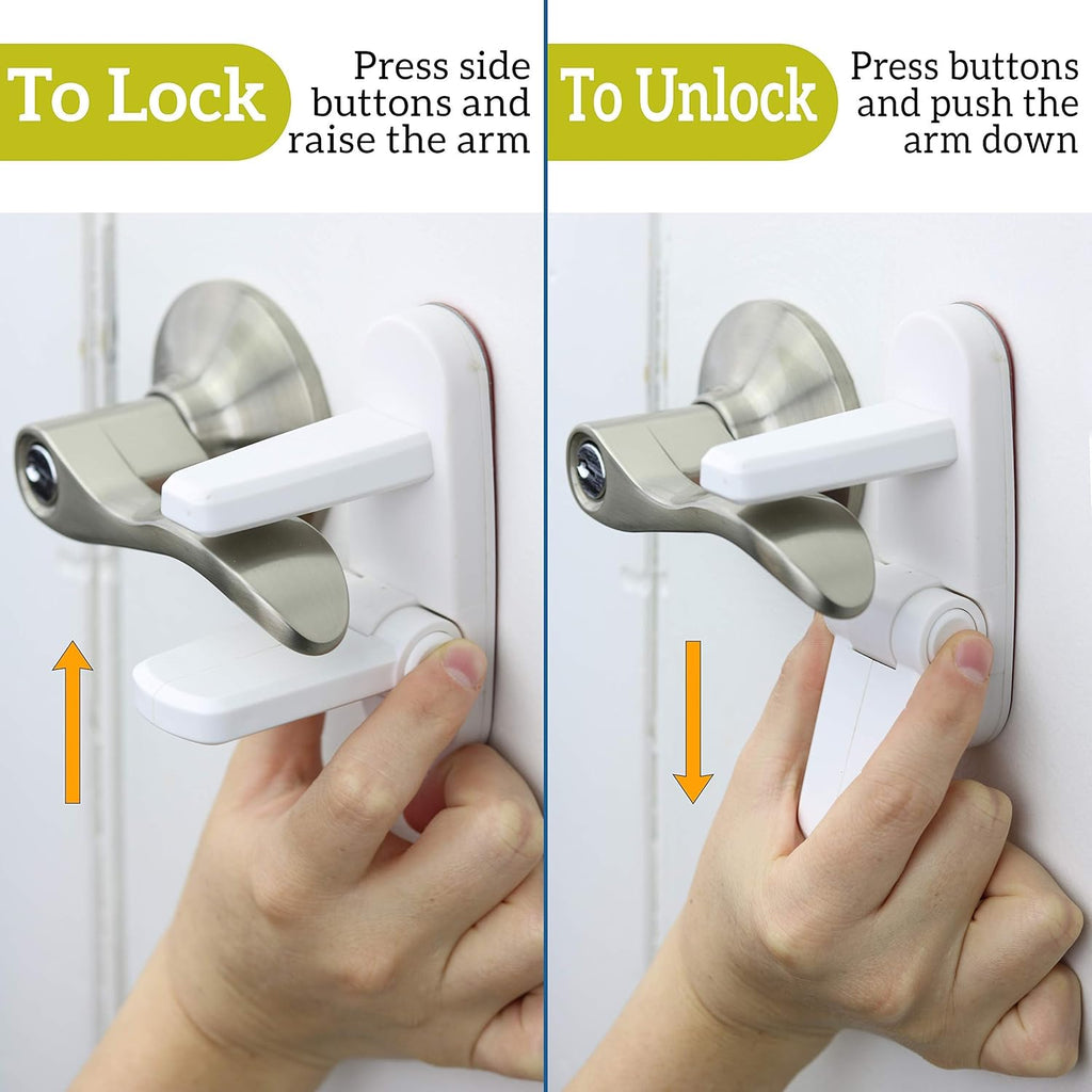 Door Lever Locks (4 Pack) - Prevents Toddlers from Opening Doors - Durable ABS with 3M Adhesive - Easy One-Hand Operation for Adults, No Tools Needed