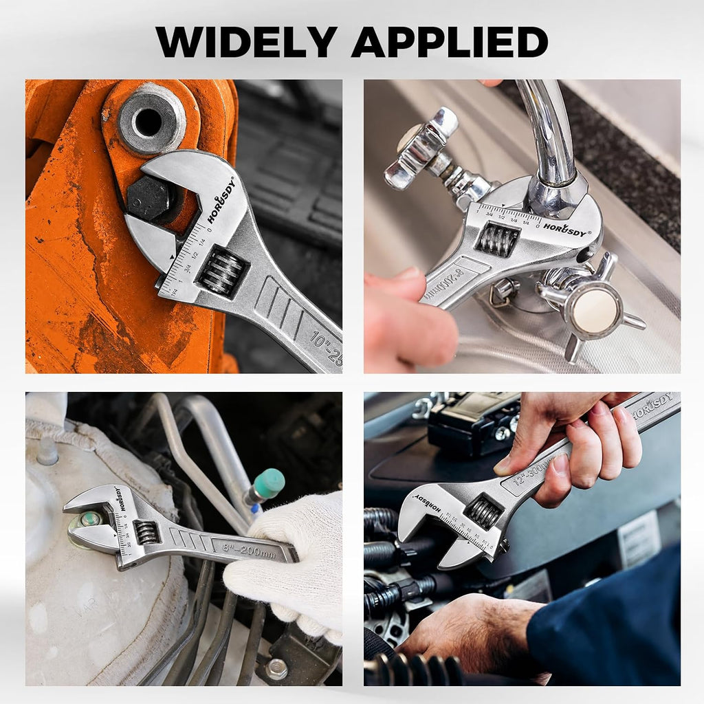 4-Piece Adjustable Wrench Set With 4 Magnetic Wrench Organizer Racks, 6" 8" 10" 12" Wide Jaw Metric & SAE Scales crescent wrench set, CR-V Steel for Home Repair, DIY & Auto Repair