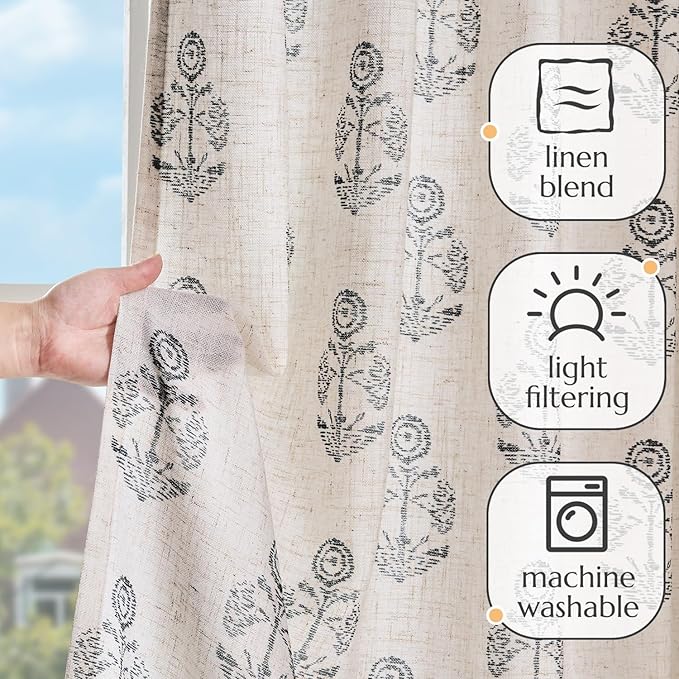 jinchan Linen Floral Curtains for Living Room 63 Inch Length Black Flower - Image 4