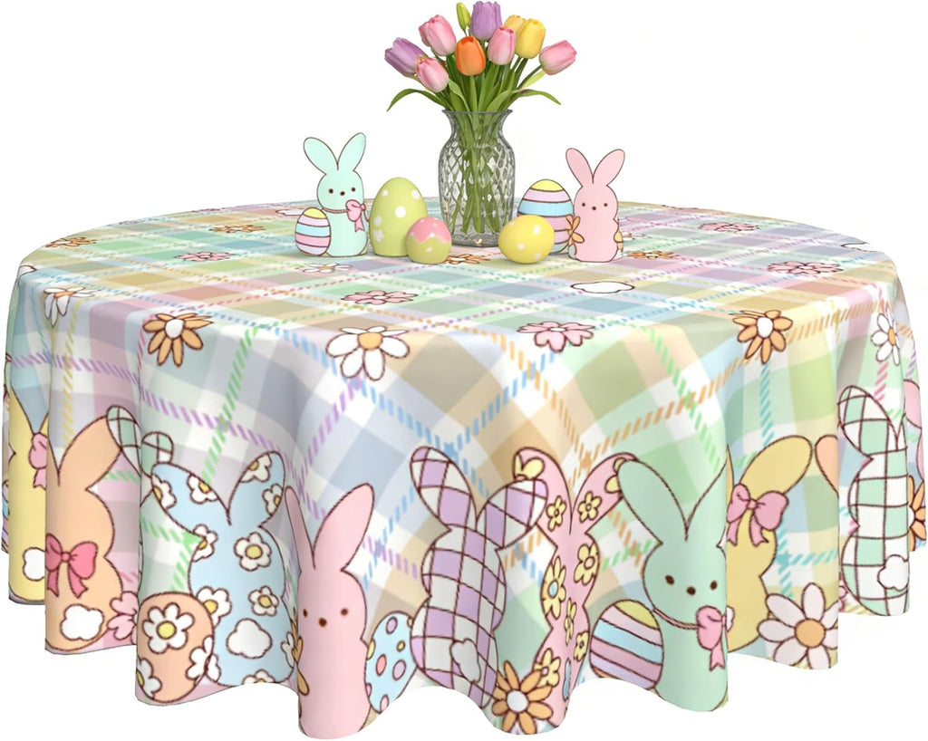 Easter Tablecloth Round 60 Inch - Buffalo Plaid with Rabbits & Eggs Design Waterproof Wipeable Table Cover for Kitchen Dining Holiday Parties Home Restaurant