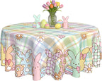 Easter Tablecloth Round 60 Inch - Buffalo Plaid with Rabbits & Eggs Design Waterproof Wipeable Table Cover for Kitchen Dining Holiday Parties Home Restaurant