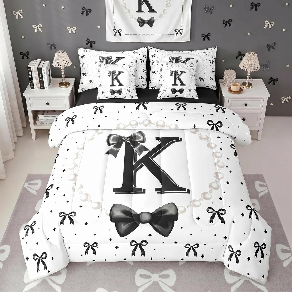 Erosebridal Black Bow Initial K Twin Bedding Set with Sheets - Coquette Ribbon Bows Comforter Set 7 Piece for Girls Kids, Black and White Bow Tie Fitted Flat Sheet, Personalized Bowknot Bed in a Bag