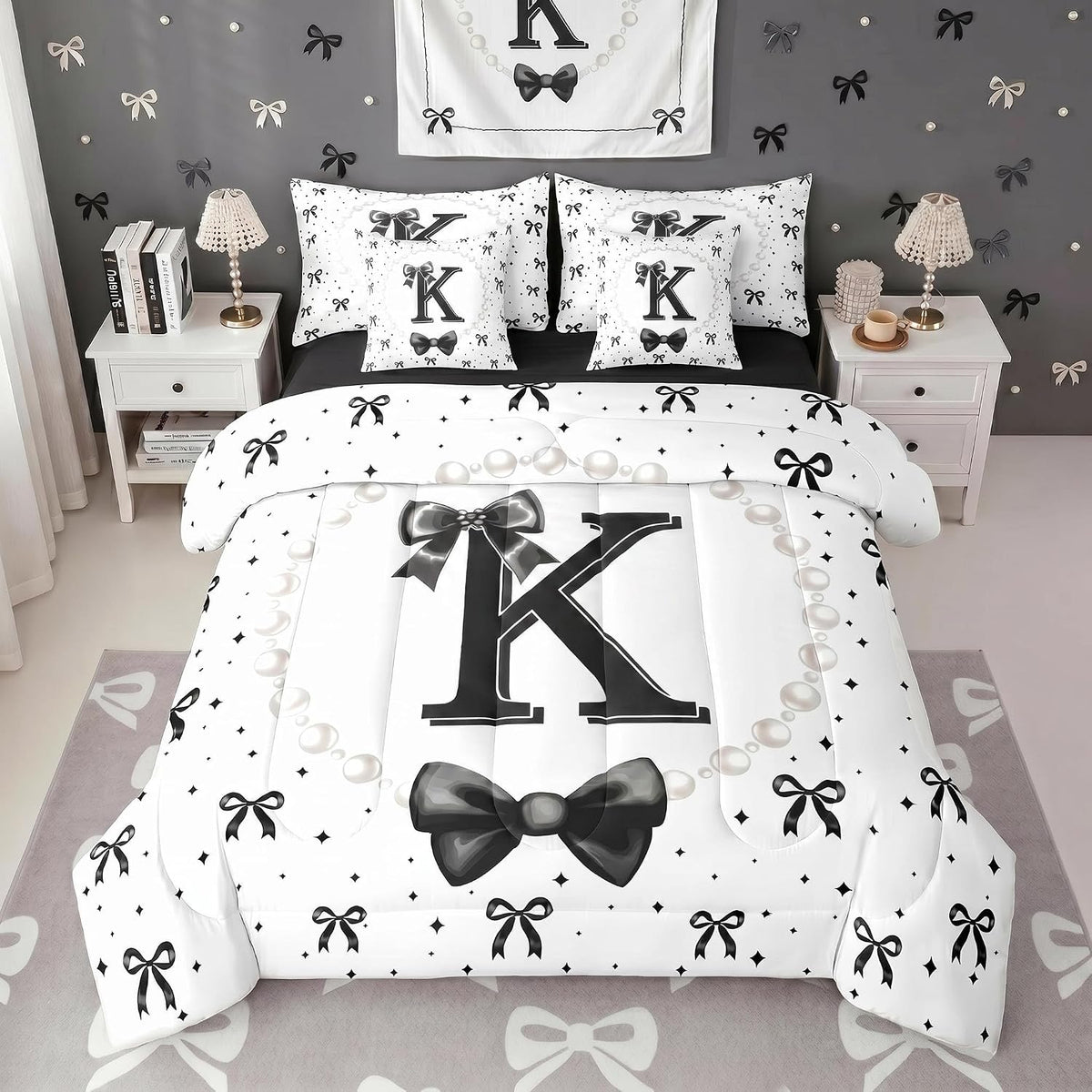 Erosebridal Black Bow Initial K Twin Bedding Set with Sheets - Coquette Ribbon Bows Comforter Set 7 Piece for Girls Kids, Black and White Bow Tie Fitted Flat Sheet, Personalized Bowknot Bed in a Bag