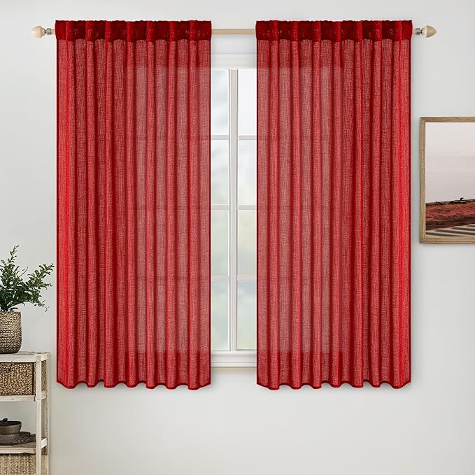 MIULEE Red Linen Short Curtains 63 Inch Length 2 Panels by MIULEE