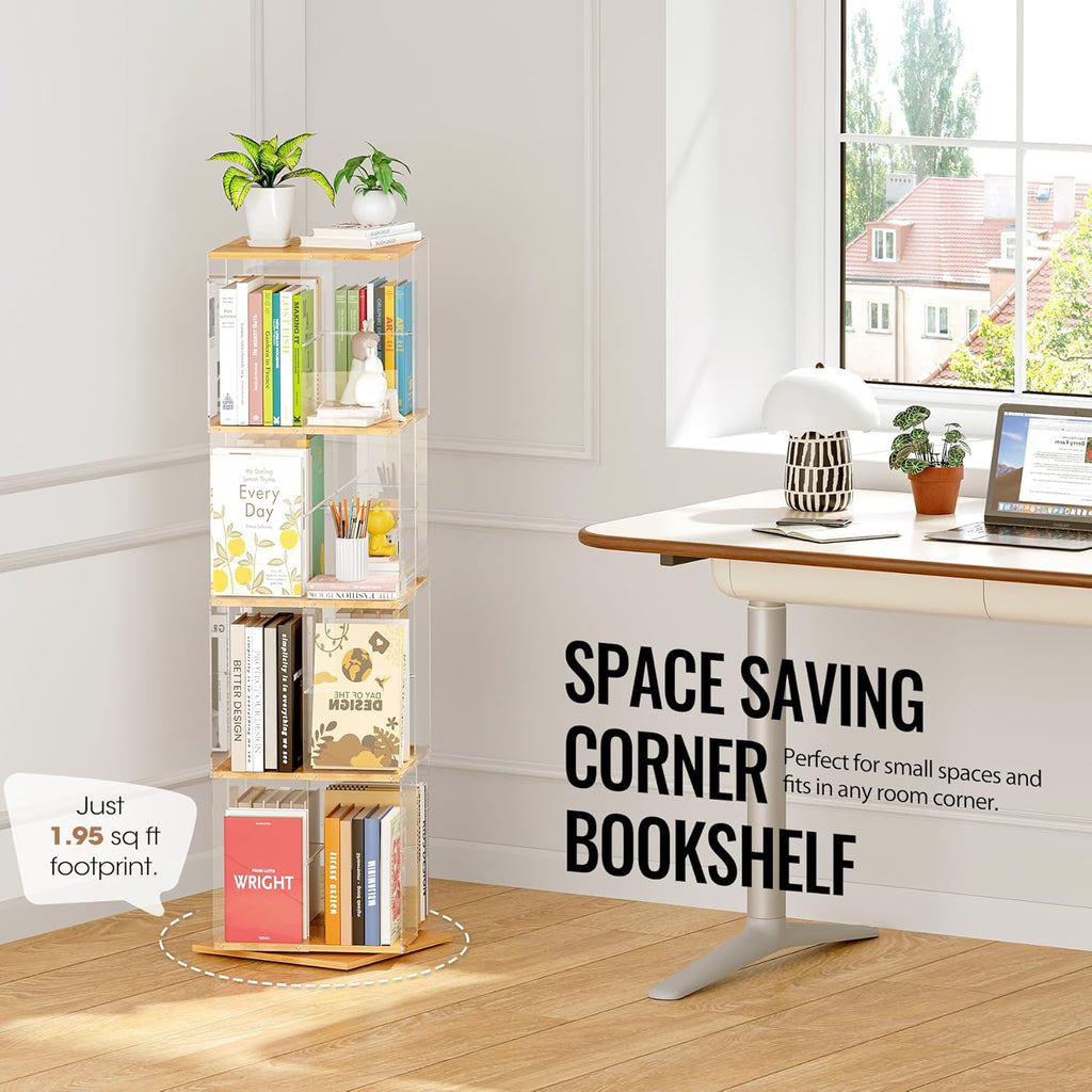 TAKEKIT Rotating Bookshelf, 360 Degree Revolving Bookcase, 4-Tier Spinning Bookshelf, Clear Acrylic & Solid Wood Rotating Bookcase for Kid’s Playroom, Bedroom and Living Room, Square