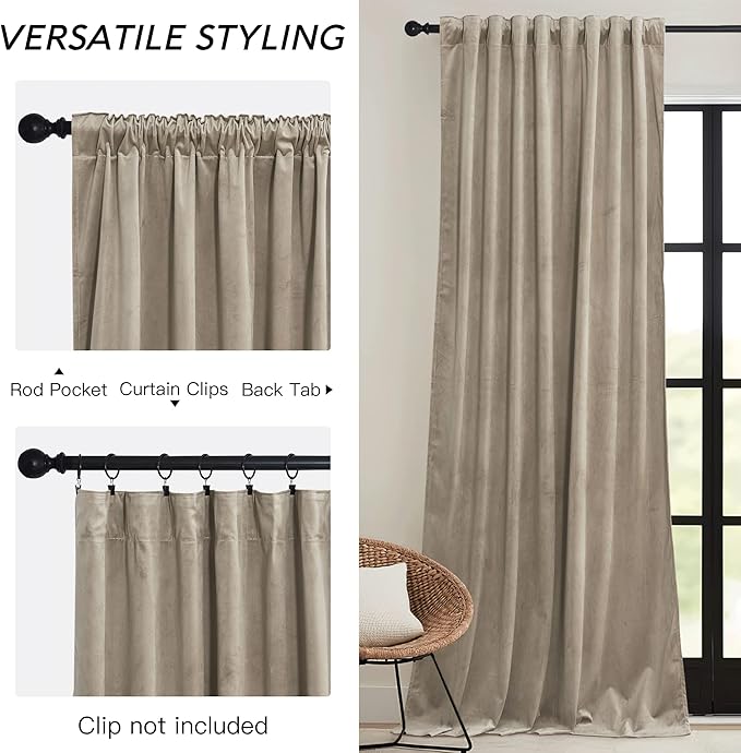 RYB HOME Camel Beige Velvet Curtains 84 inch, Room Darkening Window Curtains - Image 3