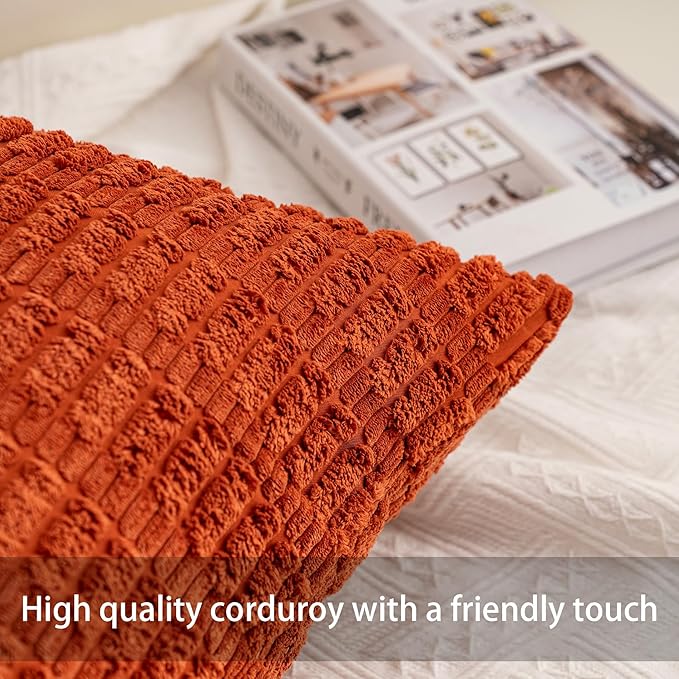 Pack of 2 Corduroy Decorative Throw Pillow Covers 18x18 Inch Soft Striped - Image 2