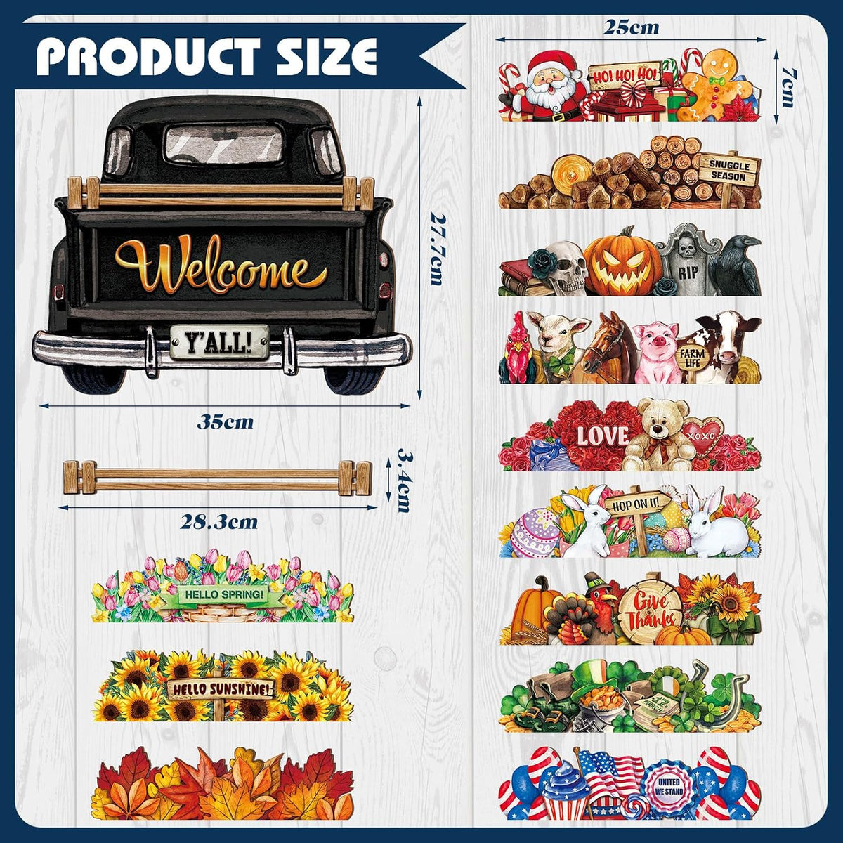 Ferraycle 13 Pcs Interchangeable Welcome Sign Halloween Seasonal Black Truck Decor Door Signs with 12 Holiday Icons Rustic Farmhouse Interchangeable Holiday Decor
