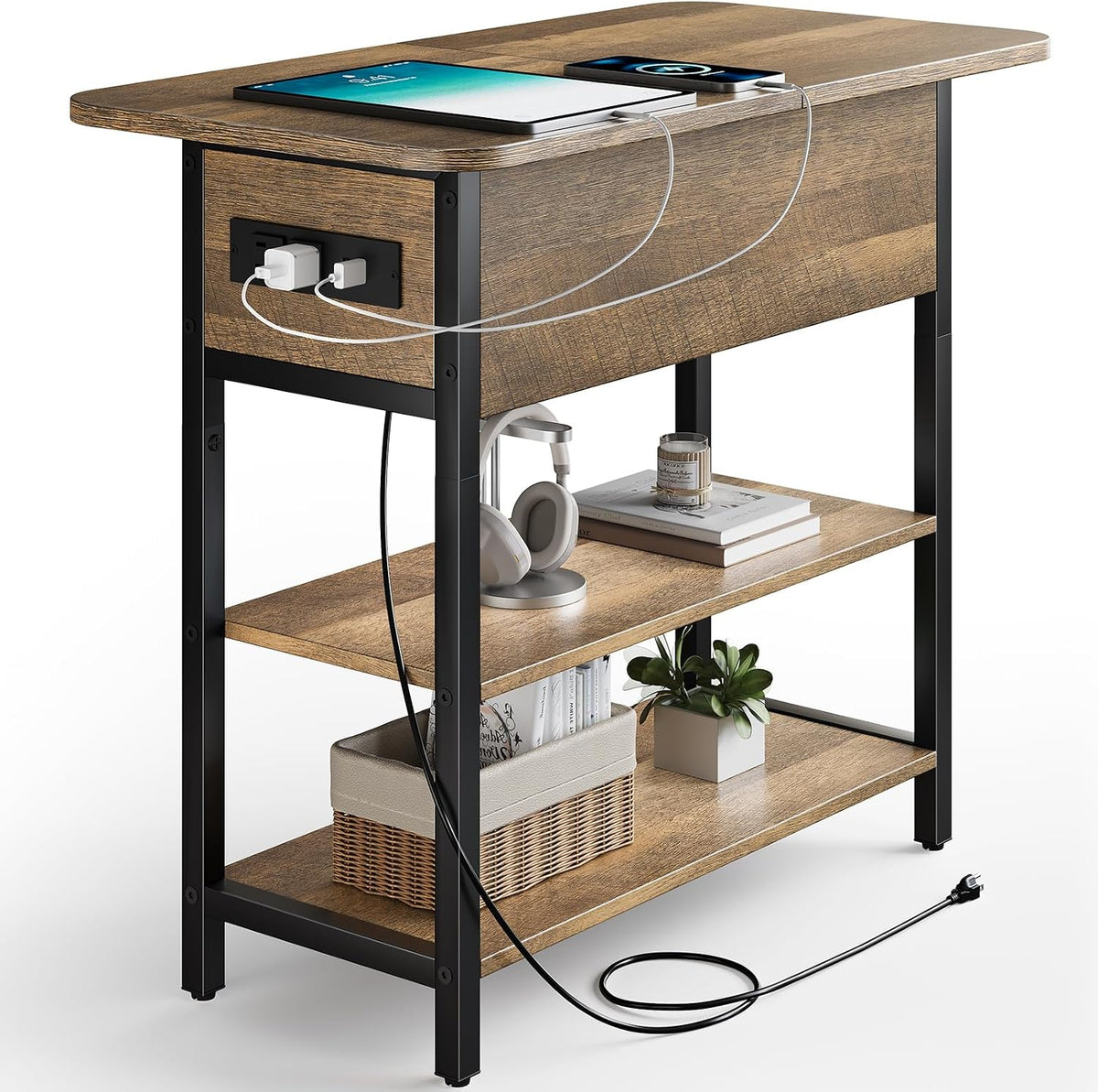 Yoobure End Table with Charging Station, Flip Top Side Table with USB Ports and Outlets, Sofa Couch Table Bedside Table for Living Room Bedroom, Narrow Nightstand with Storage Shelves for Small Spaces