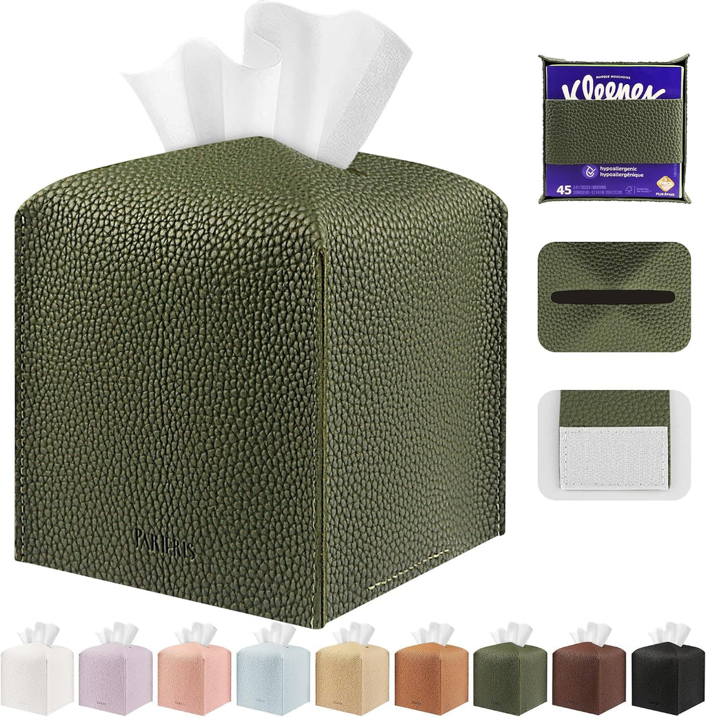Tissue Box Cover Holder Square Tissue Cube Cover PU Leather Tissue Organizer with Bottom Belt for Bathroom, Tabletop, Car, Night Stands, Office, Home, Kitchen (2, Off White)