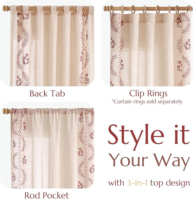 jinchan Belrose Linen Curtains for Bedroom Floral Curtains 84 Inch Length Linen - Image 6