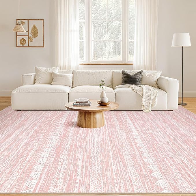 Nakagishi Pink Rugs for Bedroom Girls: 5x8 Washable Boho Large Neutral Area Rug - Image 4