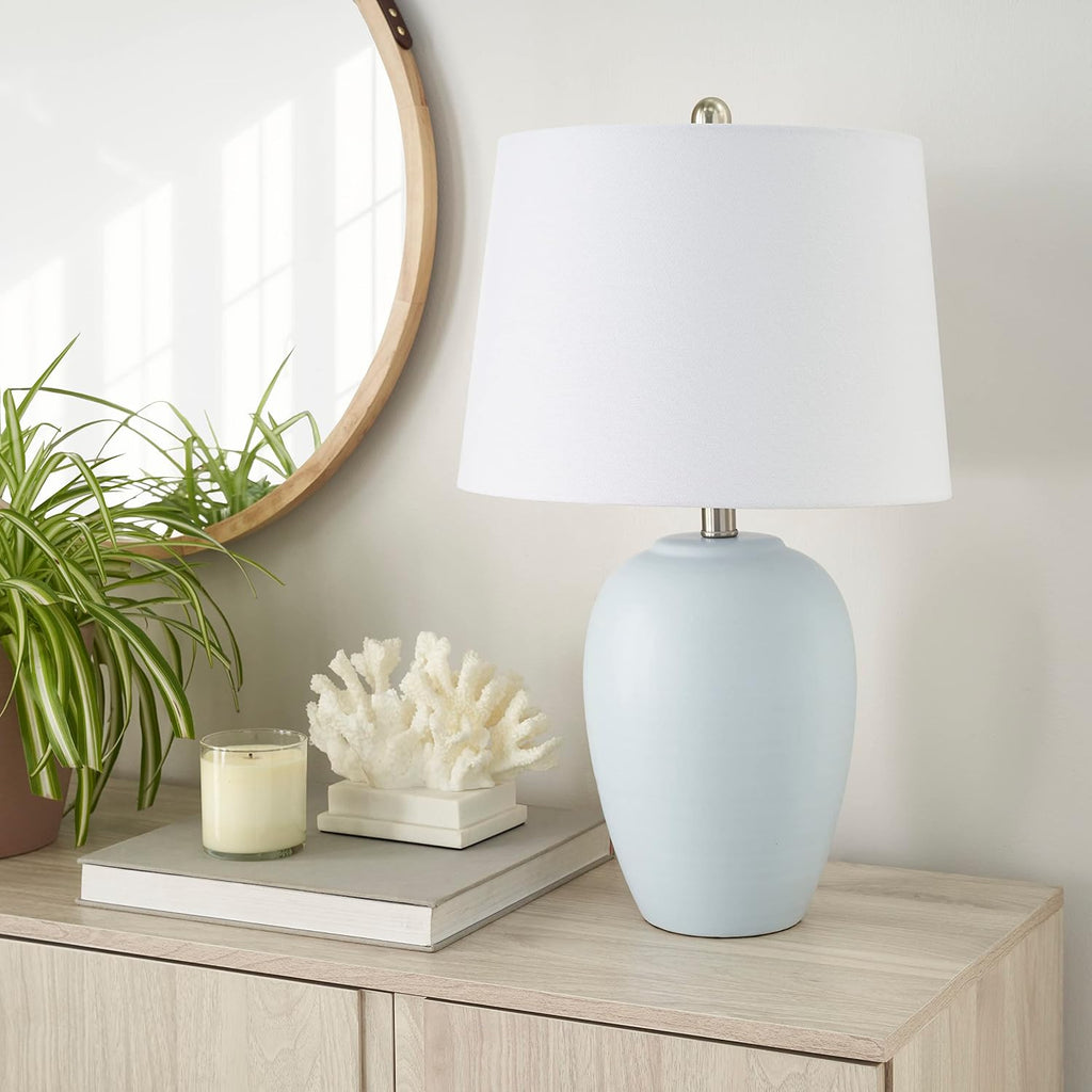 Nourison Home 23" Natural White Ceramic Jar Table Lamp for Bedroom, Living Room, Dining Office, with Off-White Shade