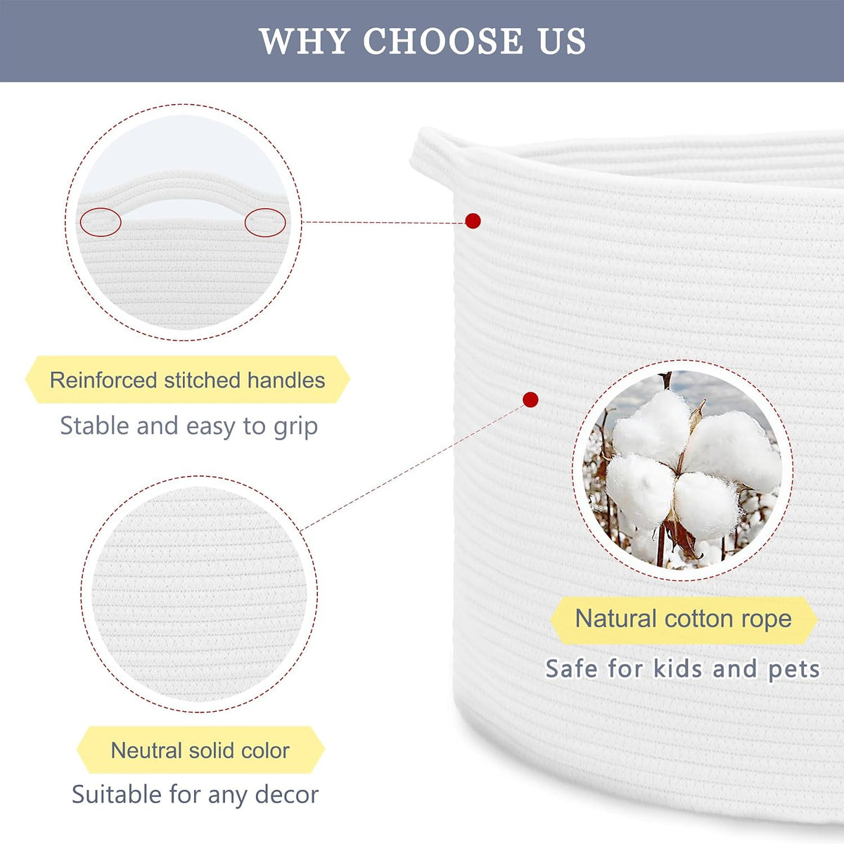 Large Cotton Rope Blanket Basket, 87L Laundry Hamper, White