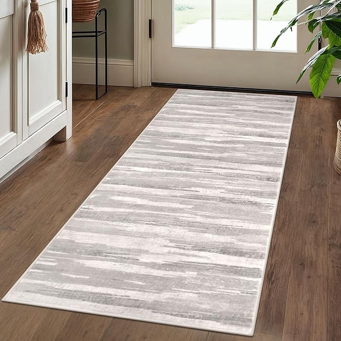Lansny Modern Abstract Runner Rug 2x5, Neutral Light Beige and Grey Washable - Image 2