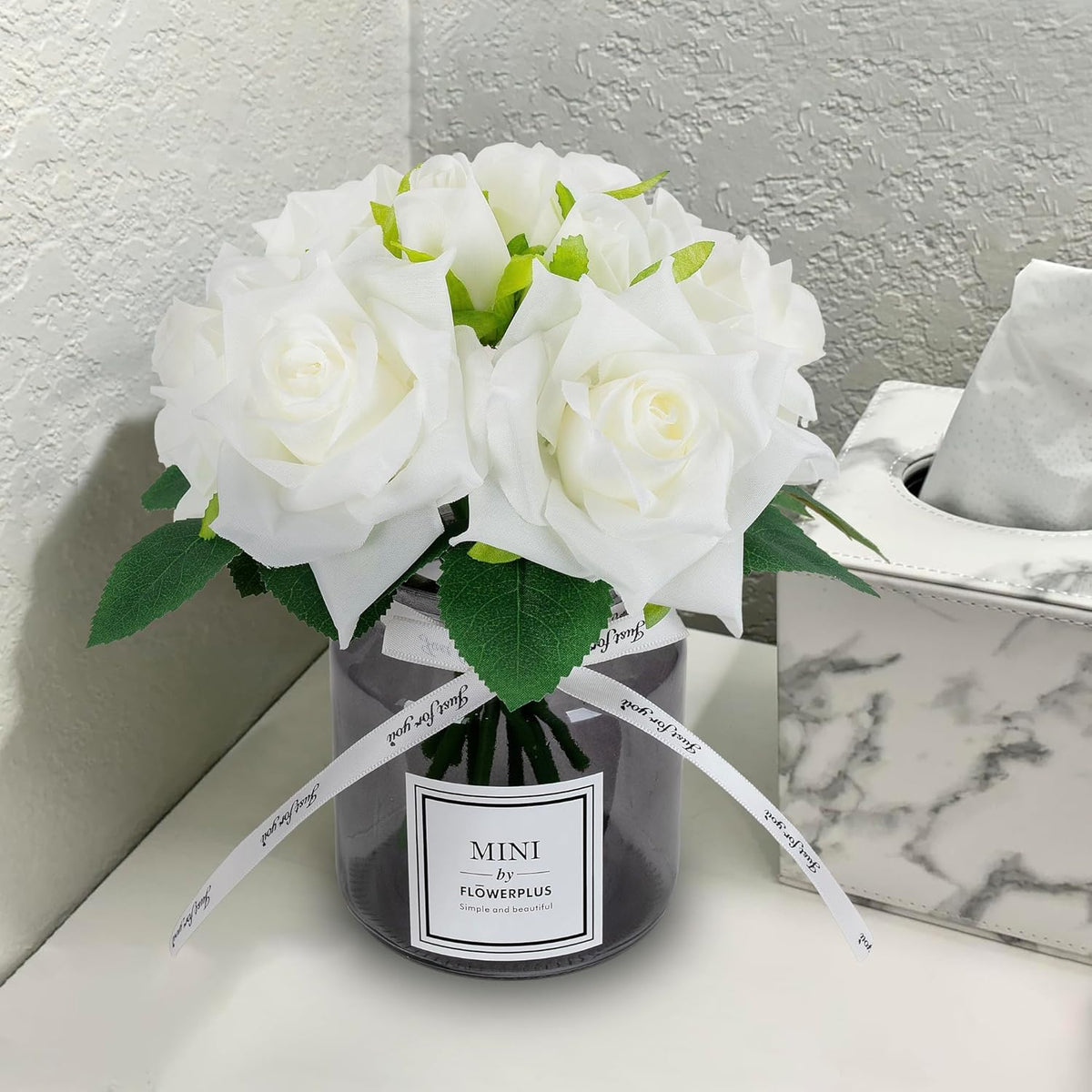 XIAYAN Artificial Flower and Glass vase, Silk Rose Flower Glass Bottle Set, Suitable for Living Room, Dining Table, Office, Wedding, Hotel Banquet and Family Decoration. (White)………