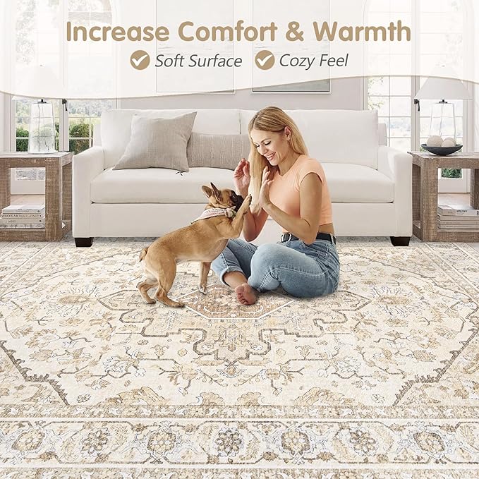 Area Rugs 8x10 Vintage Rug: Large Washable Living Room Rug Retro Medallion - Image 7