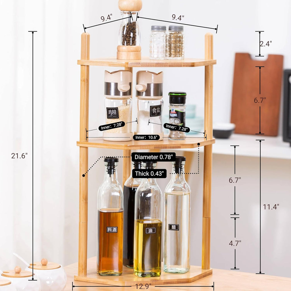 3-Tier Extra Tall Bamboo Corner Shelf, Countertop Storage Organizer,Natural