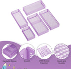 Marbrasse 5 Pack Desk Drawer Organizer Set, Mesh Drawer Storage Trays with 1 Adjustable Divider, Desk Organizers and Accessories, 5 PCS Drawer for Office Supplies, Makeup & Vanity (Purple)